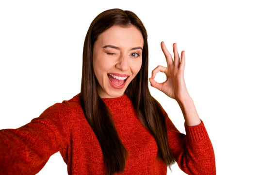 Close up photo of excited positive cheerful girl feel rejoice on vacation tourism holidays make selfie show ok sign recommend journey wear good look sweater isolated over yellow color background