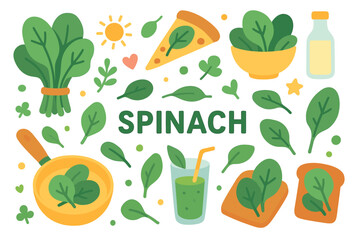 Colorful spinach-themed illustration with food and drink elements