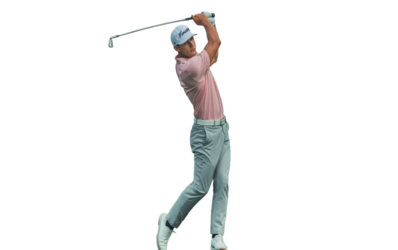 A professional golf photograph capturing a male golfer mid-swing on a pristine golf course.isolated on a transparent background 