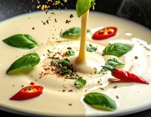 Creamy soup with herbs and spices being poured
