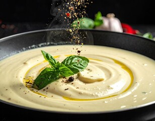 Creamy soup, sprinkled with spices, steam rising