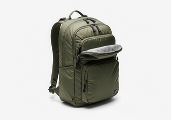 Naklejka premium Modern olive green backpack with open compartment on white background