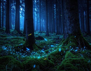 Mystical forest bathed in blue glow