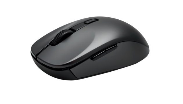 a close-up of a sleek, black computer mouse, showcasing its modern design and functionality