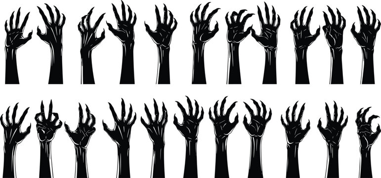 Creepy zombie hands silhouette collection, scary monster claws illustration, horror hand gesture set, spooky dark art design, Halloween vector