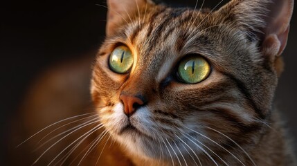 Portrait of cat with big fearful eyes concept. Close-up of a curious cat with striking green eyes, captivating gaze.