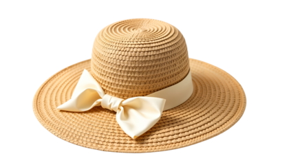 a elegant straw hat, decorated with a lovely bow on its side