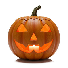 A classic carved Halloween pumpkin, known as a jack-o'-lantern, with a lit candle inside, casting a warm orange glow, isolated on a white background.