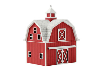 A detailed view of a classic red barn with a white gambrel roof and cupola, featuring traditional sliding doors.