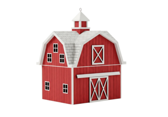 A detailed view of a classic red barn with a white gambrel roof and cupola, featuring traditional sliding doors.