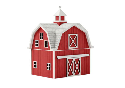 A detailed view of a classic red barn with a white gambrel roof and cupola, featuring traditional sliding doors.