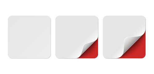 Vector set of white paper square stickers with red corner isolated on transparent background. Realistic square stickers curved with soft shadows.