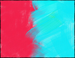 Vibrant Red and Cyan Brushstrokes on Textured Canvas with Diagonal Motion