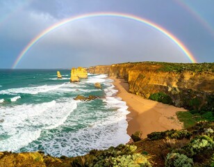 Dramatic coastal scene with double rainbow over ocean