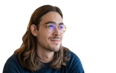 Fototapeta premium A high-quality professional headshot of a young man with long brown hair and a gentle smile, captured in a warm, bokeh-lit background. isolated on a transparent background 