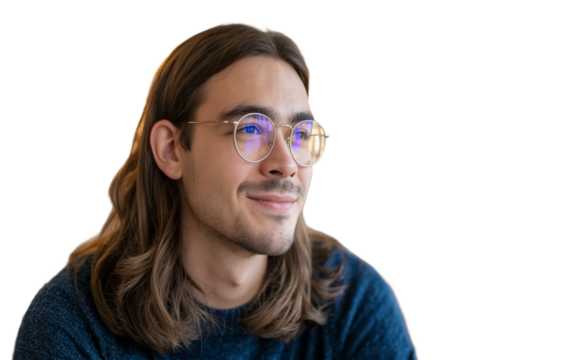 A high-quality professional headshot of a young man with long brown hair and a gentle smile, captured in a warm, bokeh-lit background. isolated on a transparent background 