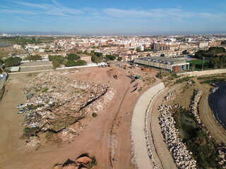 Reconstructed Barranco del Poyo stream in Paiporta, Valencia captured by drone after severe flooding one year later