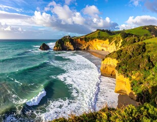 Coastal landscape with dramatic waves crashing on a sandy beach, framed by hills and cliffs