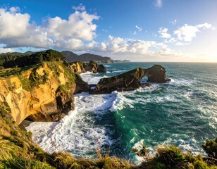 Dramatic coastal landscape with arches and waves