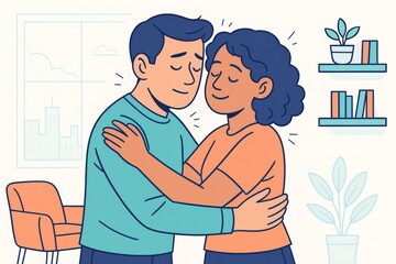 Couple hugging affectionately in cozy home interior with peaceful expressions and light abstract background in soft pastel colors. Ai generative