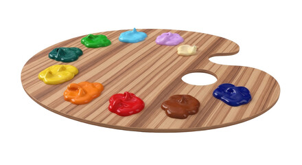 Isolated wooden art palette holding vibrant oil paint blobs, mixing colors for painting design