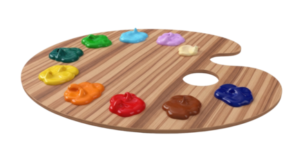 Isolated wooden art palette holding vibrant oil paint blobs, mixing colors for painting design