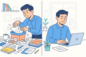 Man organizing workspace from cluttered mess to productive environment with clear mind and focus in bright minimal office background. Ai generative