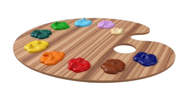 Isolated wooden art palette holding vibrant oil paint blobs, mixing colors for painting design