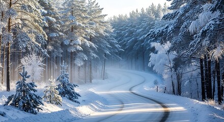 A winding road through a winter wonderland, lined with snow-covered pines and frosted branches, bathed in the soft glow of morning sun.