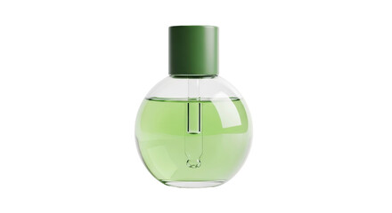 Isolated green perfume bottle with dropper, round shape, beauty product, cosmetic vial