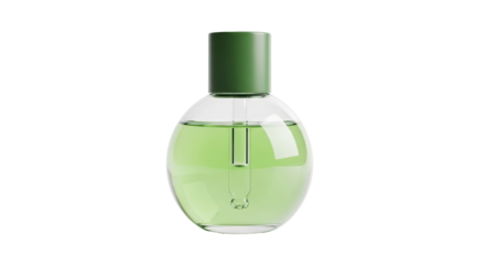 Isolated green perfume bottle with dropper, round shape, beauty product, cosmetic vial
