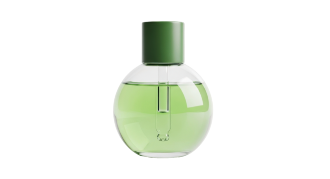 Isolated green perfume bottle with dropper, round shape, beauty product, cosmetic vial