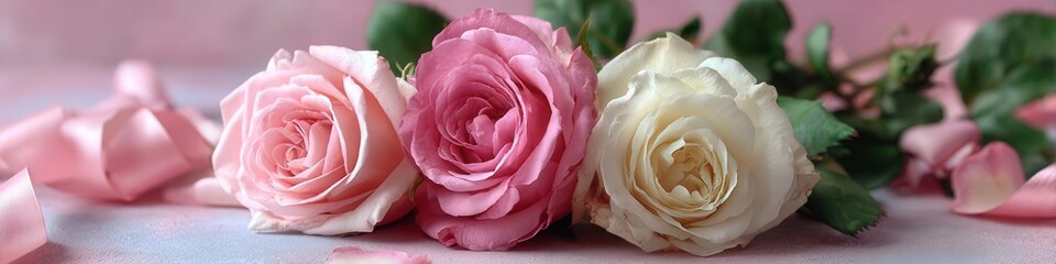 Delicate pink and white Valentine roses lay on a soft pastel surface with a flowing satin ribbon, perfect for expressing love and affection on a special day.