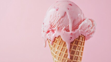 Pink ice cream melts and spills out of a waffle cone on a pastel pink background.