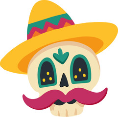 Colorful cartoon sugar skull with pink mustache and Mexican sombrero isolated on transparent background. Fun Dia de los Muertos Illustration for Day of the Dead Celebration in flat style.Vector design