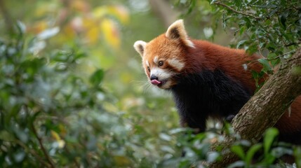 Red panda climbing on tree branch in forest with tongue out, showing reddish-brown fur and playful behavior. Endangered wildlife species in natural habitat for conservation and nature concepts