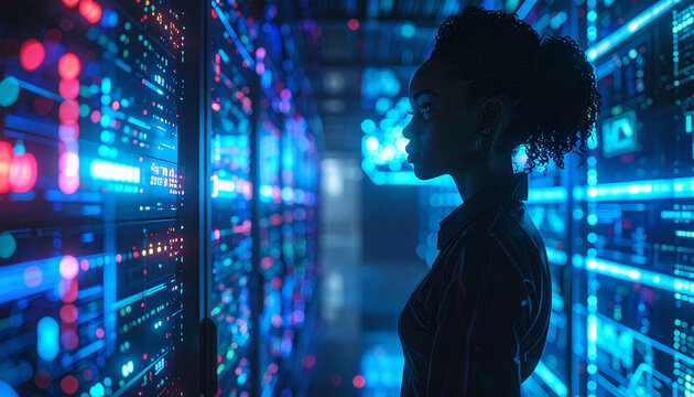 Digital Luminary: A silhouette of a woman stands amidst a high-tech data center, gazing at the illuminated servers and their complex network.