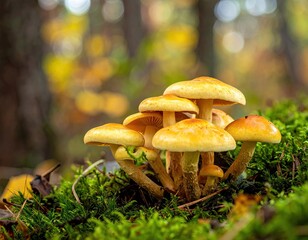 Cluster of golden mushrooms on moss