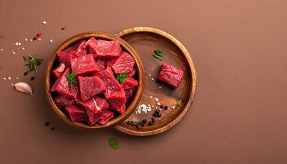 Wooden bowl filled with cubed raw beef, garnished with fresh herbs and spices, on a brown surface