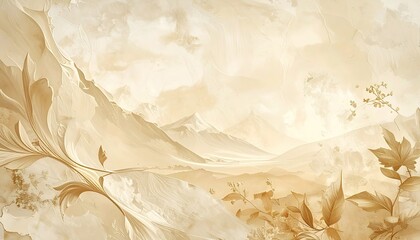 Soft, pastel landscape with ornate floral accents