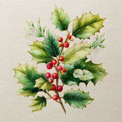 Watercolor holly illustration with red berries and green leaves, festive botanical artwork for Christmas decoration, traditional hand-painted floral design for seasonal greeting cards.