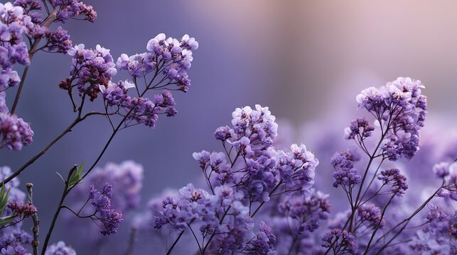 Close-up of delicate purple flowers, possibly statice or limonium, blooming in a soft, dreamy field with a blurred background, blurred background