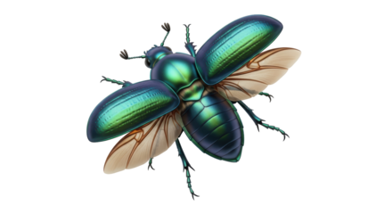 Isolated iridescent beetle illustration, an intricately detailed and stylized insect with wings