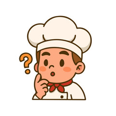 Cute chef cartoon character confused with question mark. Kawaii cook illustration in uniform showing puzzled expression. Adorable chef emoticon asking question with doubt face.