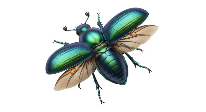 Isolated iridescent beetle illustration, an intricately detailed and stylized insect with wings