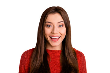 Close up photo of cute astonished girl hear wonderful incredible information about black friday...