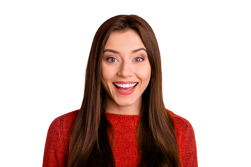 Close up photo of cute astonished girl hear wonderful incredible information about black friday scream shout wow omg wear red pullover  isolated over yellow color background