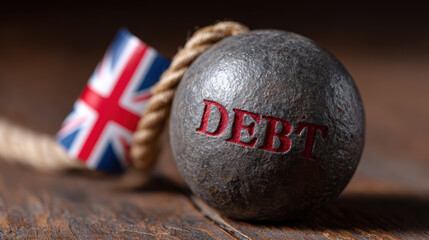 Conceptual view of UK financial crisis and national debt. An emerging problem in market showing heavy weight of public debt burden on Great Britain economy