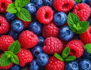 Close-up of mixed fresh raspberries and blueberries, topped with mint leaves