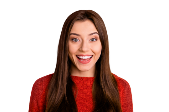 Close up photo of cute astonished girl hear wonderful incredible information about black friday scream shout wow omg wear red pullover  isolated over yellow color background